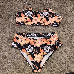 SHEIN Black Floral Bikini Set with Orange and White Flowers